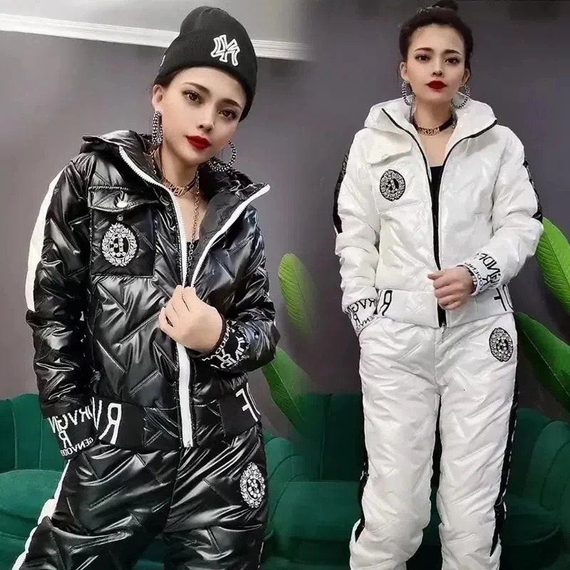 Winter Korean Glossy Parka Women Suit Oversized 4Xl 5Xl Two Piece Set Casual Hooded Cotton Padded Short Coat Thicken Pant Sets 251027