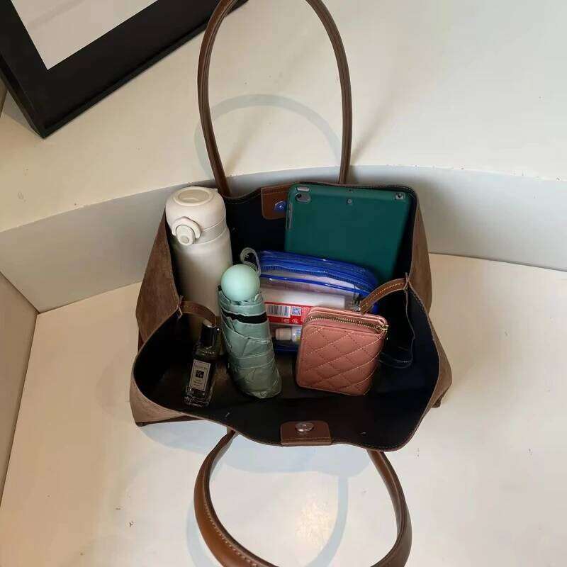 Elegant Faux Suede Handbags Women England Style Solid Casual Totes Large Capacity Designer Shoulder Lady Retro Female Bags