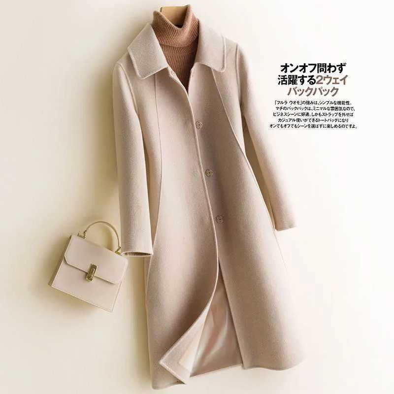 Wine Red Beige Wool Coat Female Autumn and Winter New Doll Collar Slimfit Thickened MidLength Woolen Coat Solid Color X66 M251027