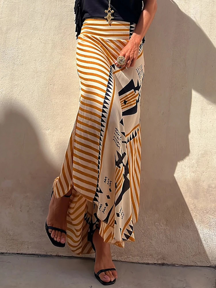 Boho Retro Patchwork Print Skirt Women Summer High Waist ALine Elastic Long Skirts Casual Holiday Beach Drop 251027