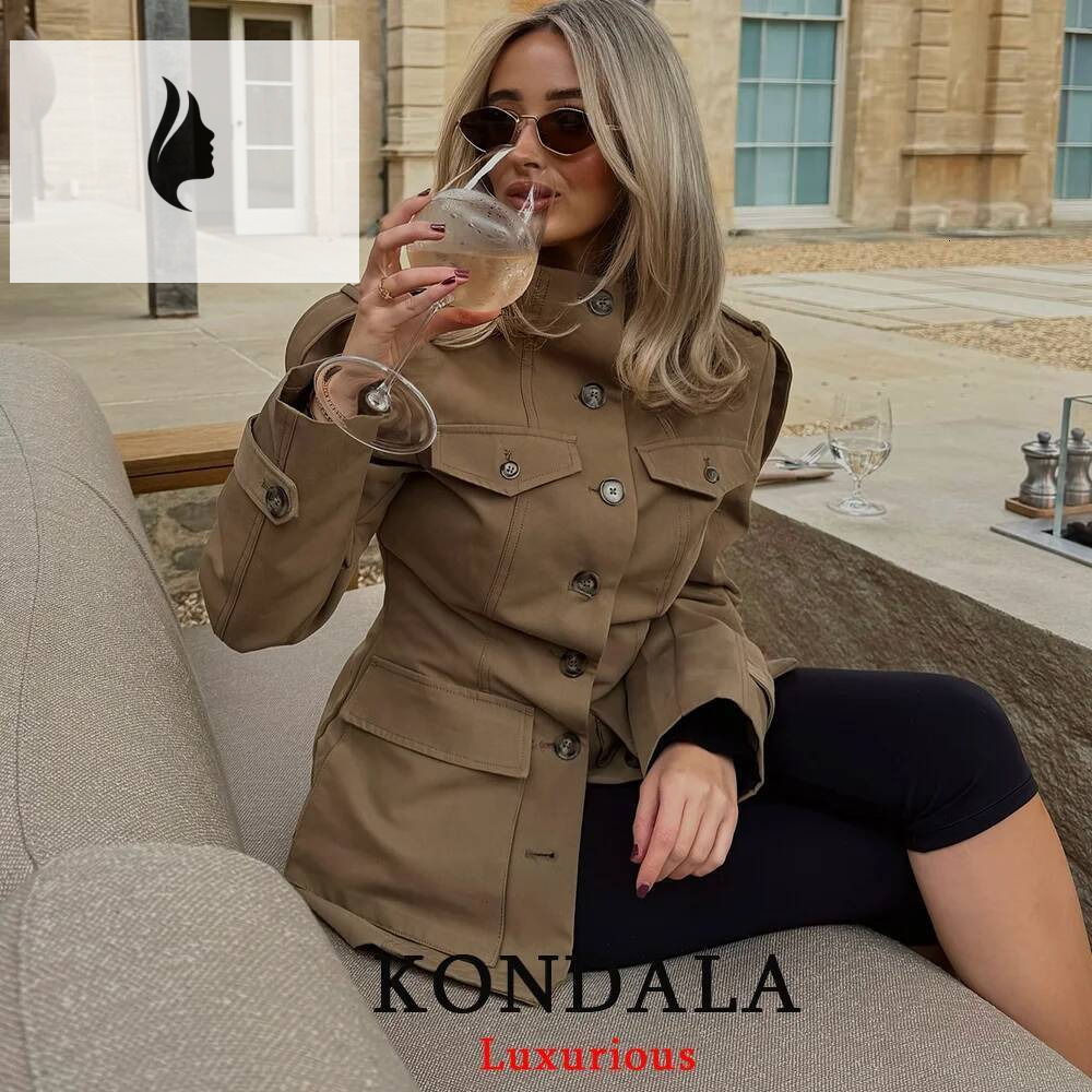 winter jacket women KONDALA Office Lady Trench Jackets Women Long Sleeve Buttons Pockets Chic Khaki Coats Fashion 2025 Slim Straight Fall Outwears