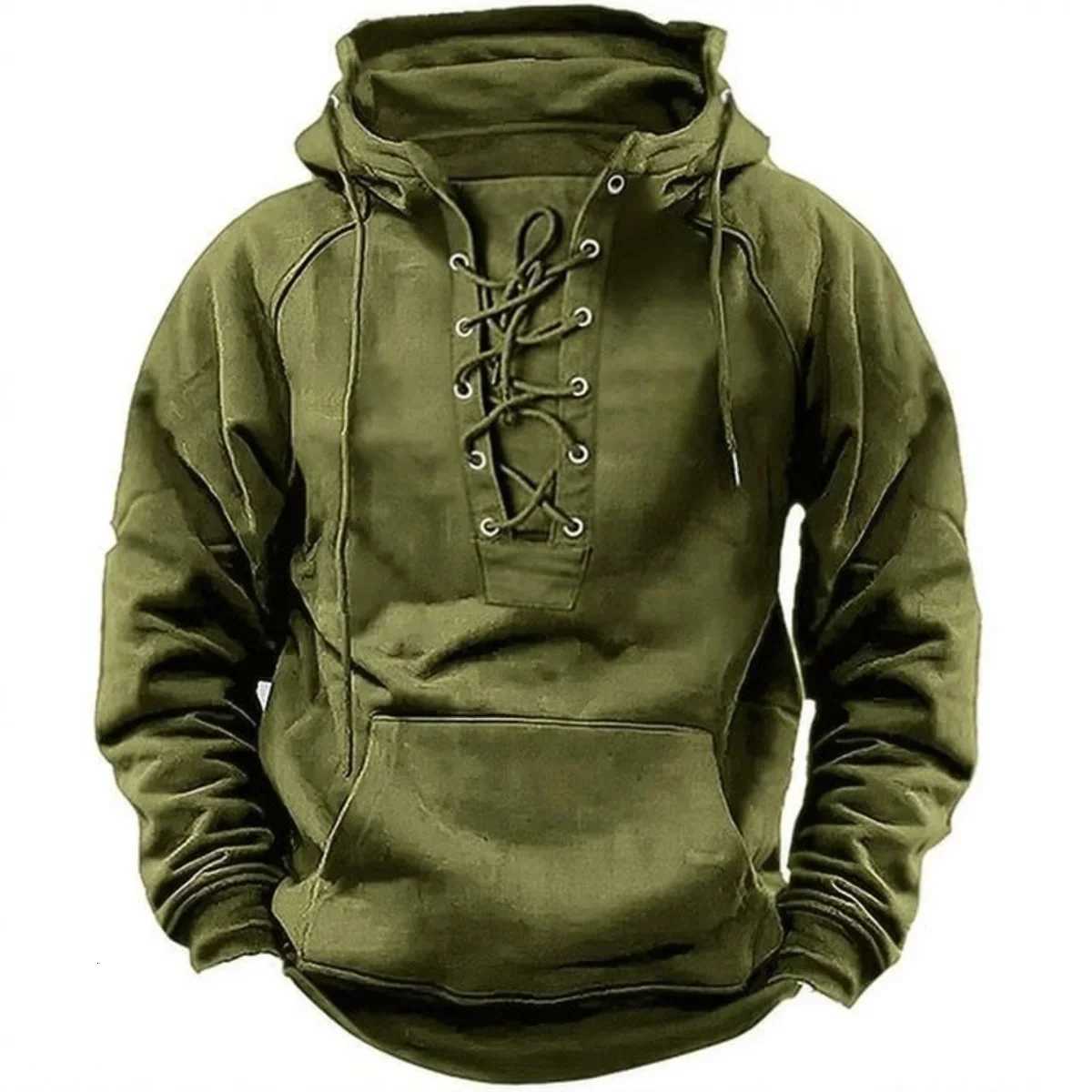 Mens RetroStyle LaceUp Hooded Sweatshirt LooseFitting LongSleeved Pullover Pure Color Design for Autumn Winter Hoodie W251027