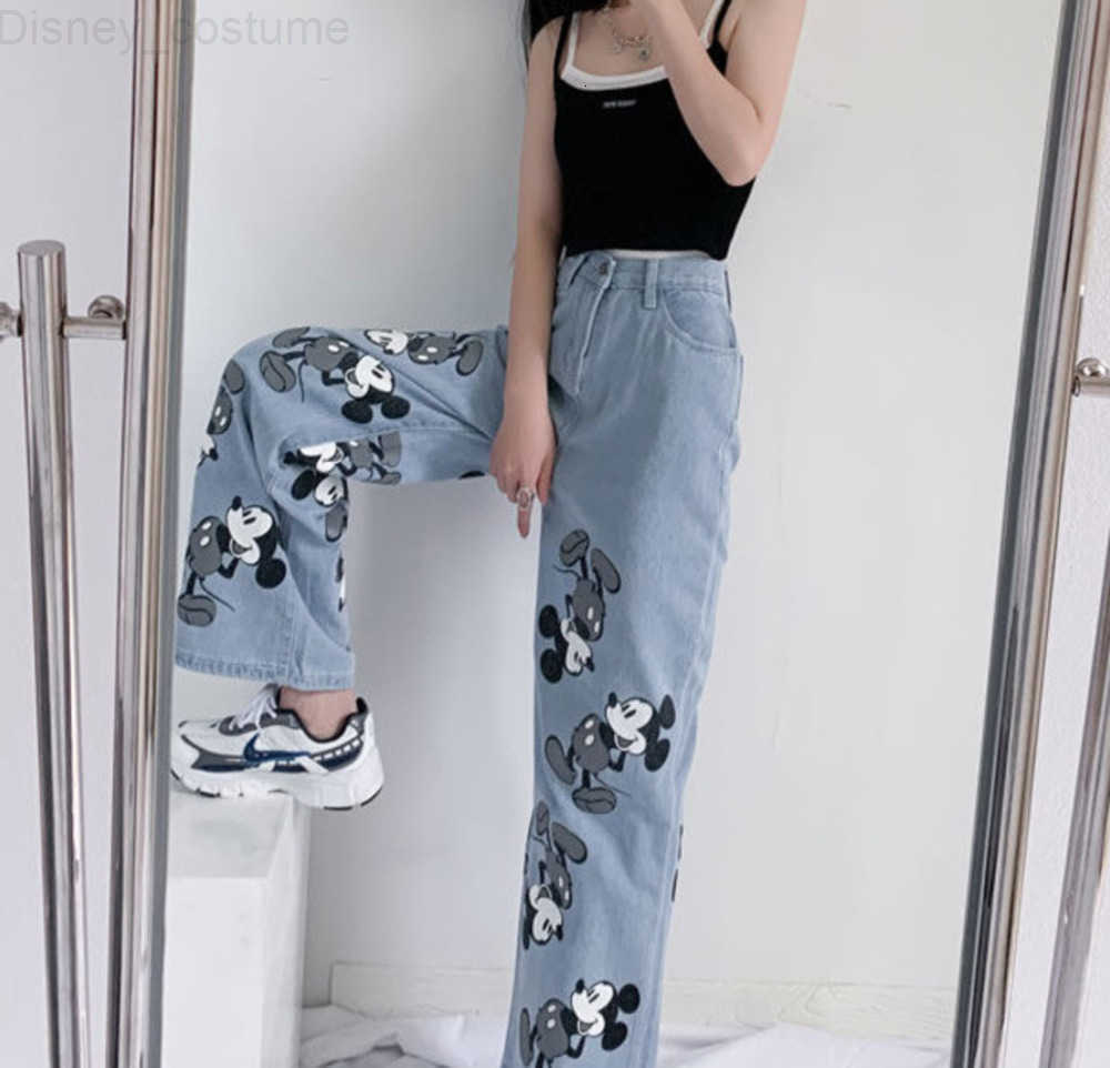 Disney Cute Trendy Cartoon Print Mickey Mouse Jeans for Women New Couple Casual Wide Leg Denim Pants Autumn Trousers Clothes H251027