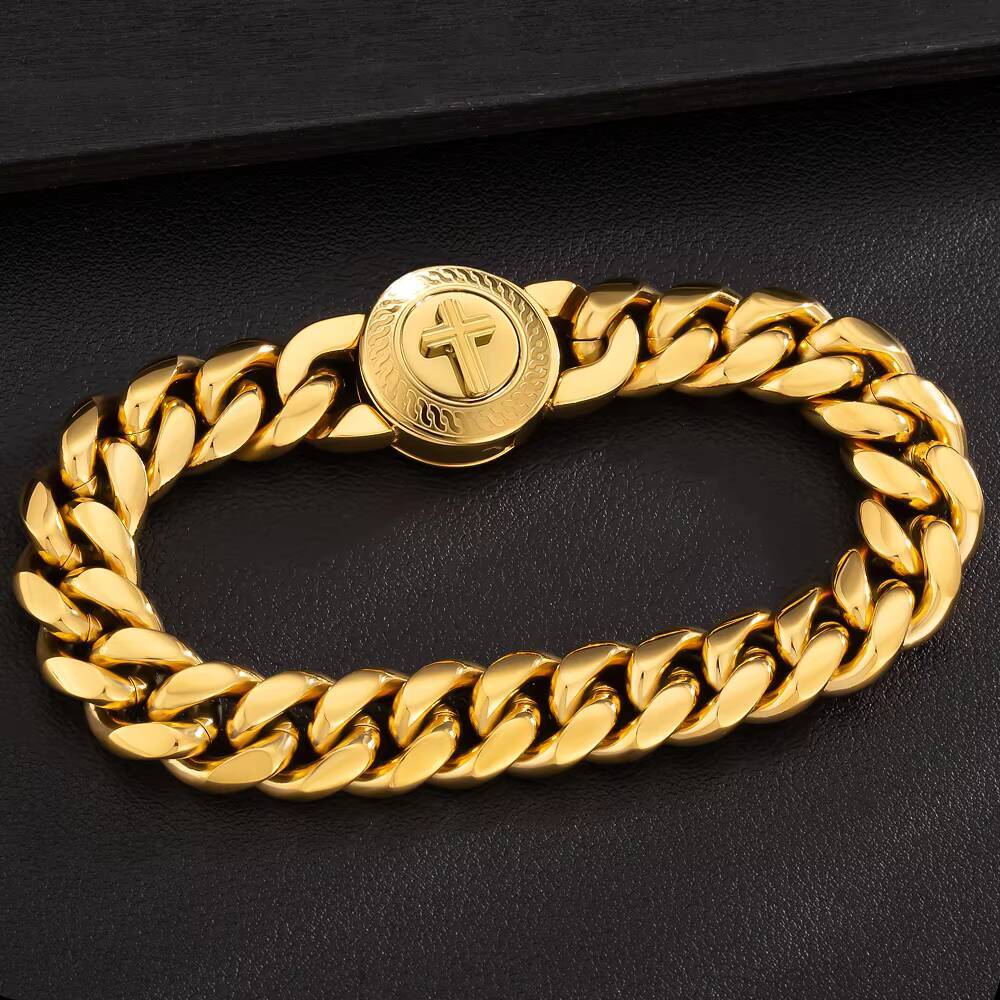 Easter Faith Gifts Cross Lion Compass Antitarnish Jewelry 18K Gold Plated Stainless Steel Mens Miami Cuban Link Chain Bracelet