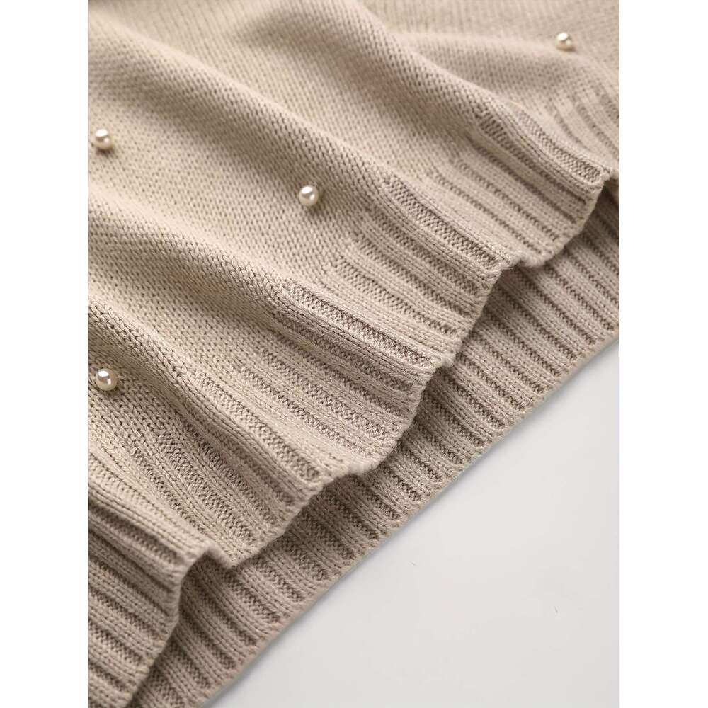 Beaded Decor Long Sleeve Sweater, Elegant Solid Color Drop Shoulder V Neck Sweater For Winter & Fall, Women's Clothing