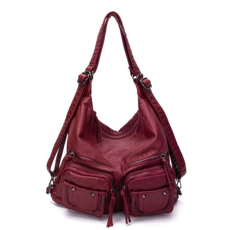 Retro Cool Girls Motorcycle Handbag Soft PU Leather Female Large Shoulder Bag Punk Multi Pocket Crossbody Backpack 251027