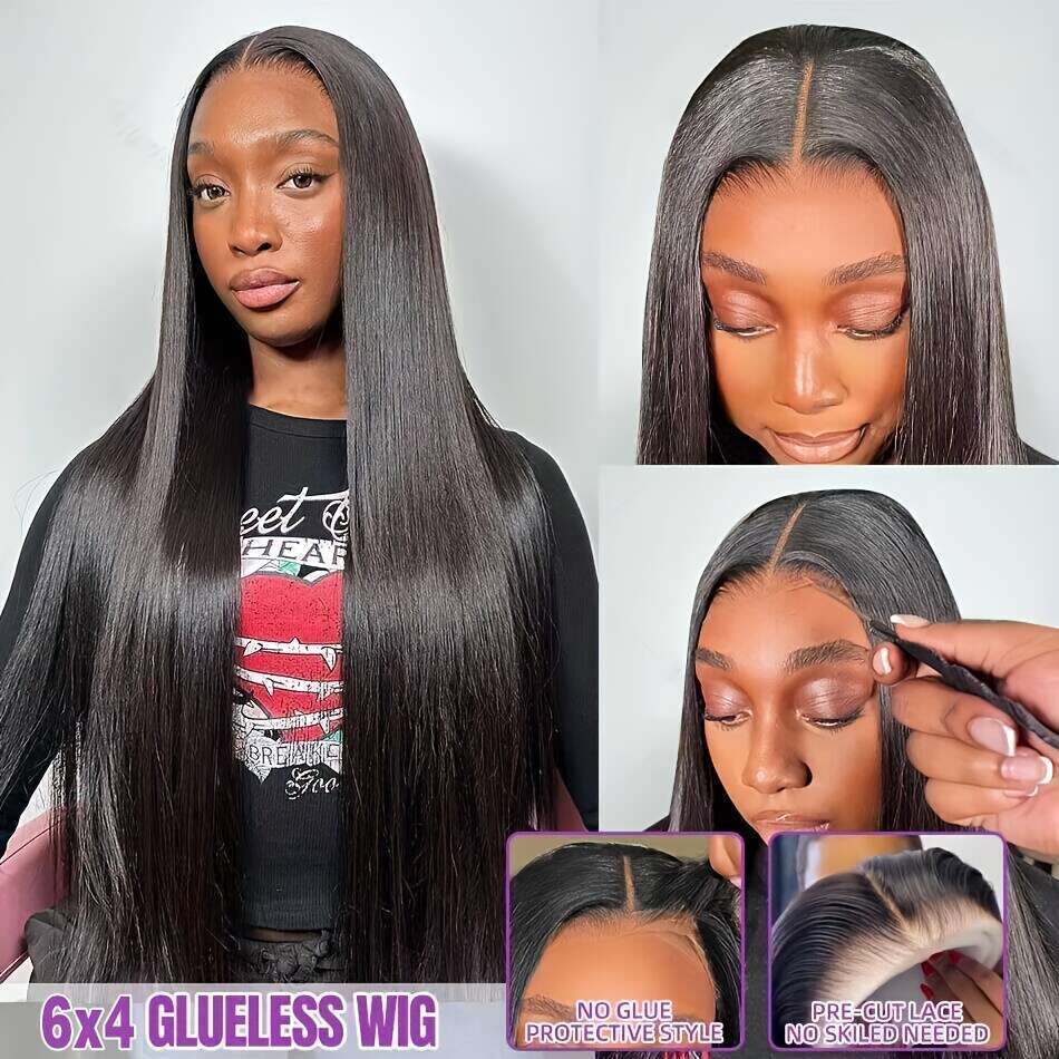 Cut Real Put On And Go Bone Straight For Women Pre Plucked 6X4 Ready Instantly Without Glue 3 Seconds To Wear Glueless Wig 200 Density Transparent Lac