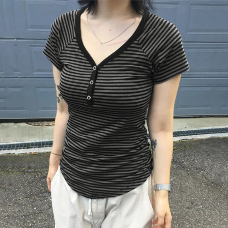 Goth Dark Casual Women Short Sleeve Striped Tshirts Y2K Fashion Vneck Buttonup TShirt Egirl Slim Basic Tops Mall Goth Cloth 251027
