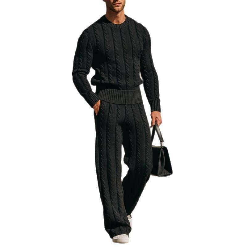 Men's Autumn and Winter New Round Neck Knitted Cable Knit Sleeve Sweater Long Pants Warm Set