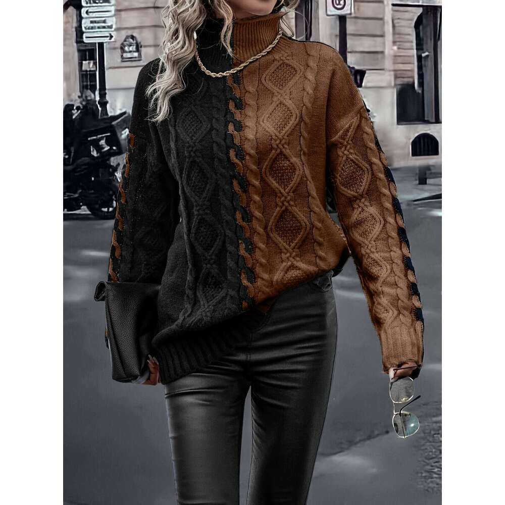 Elegant High-Neck Blouse With Vertical Stripes & Color-Blocking - Soft Stretch Long Sleeve Top, Winter Warmth, Non- Fabric For Fall/Winter Layering Of