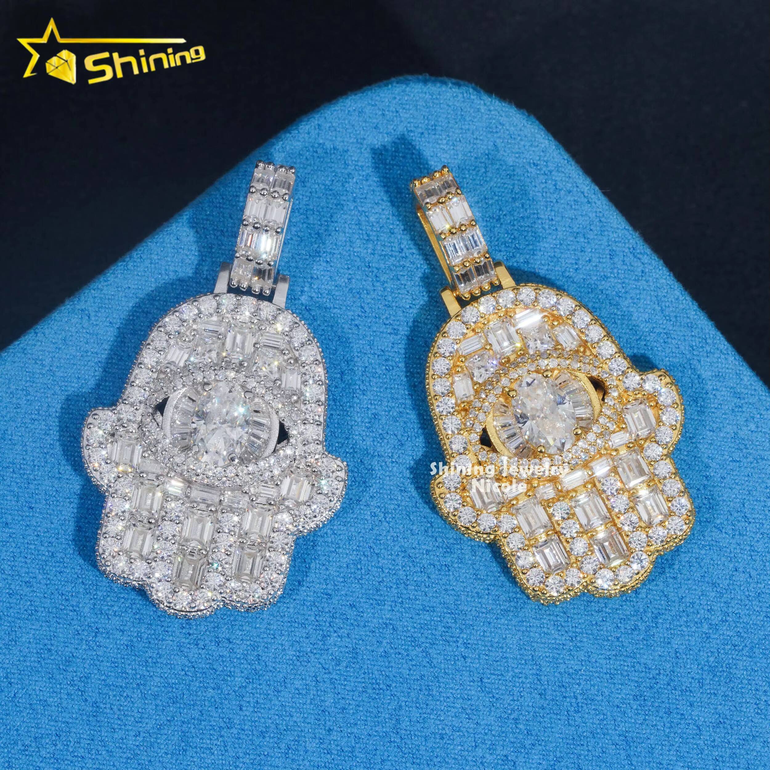 Fully Iced Out Luxury Bling Hip Hop VVS Moissanite Diamond Hamsa Hand 925 Silver Pendant