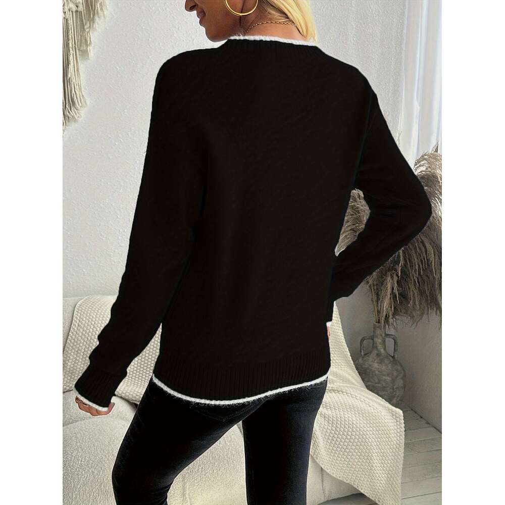 European American Autumn And Winter Pullover Knitted Sweater With Snowflake Jacquard, Round Neck Women's Top.