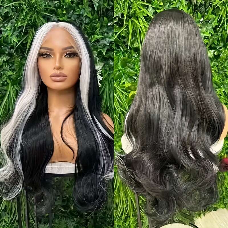 13X4 Fashionable Black Wig With White Highlights Women's Body Wave Synthetic 24 Inches - Perfect For Daily Wear, Work, Vacation, Party, Christmas