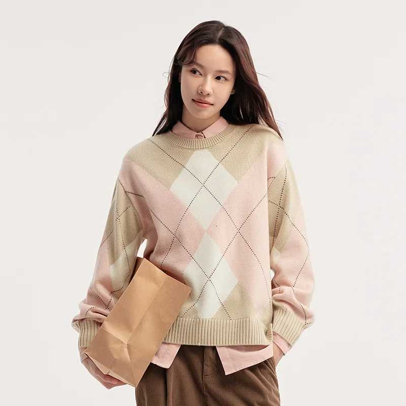 Semir Sweater Women Diamond Color Block 2025 Winter New Drop Shoulder Loose KnitwearT251027