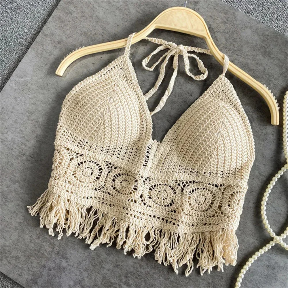 Women Summer Beach Boho Crop Tops Sexy Y2K Knitted Backless Hollow Out Tank Tops Crochet Tassels Hem Halter Bras Bustier Top 251027