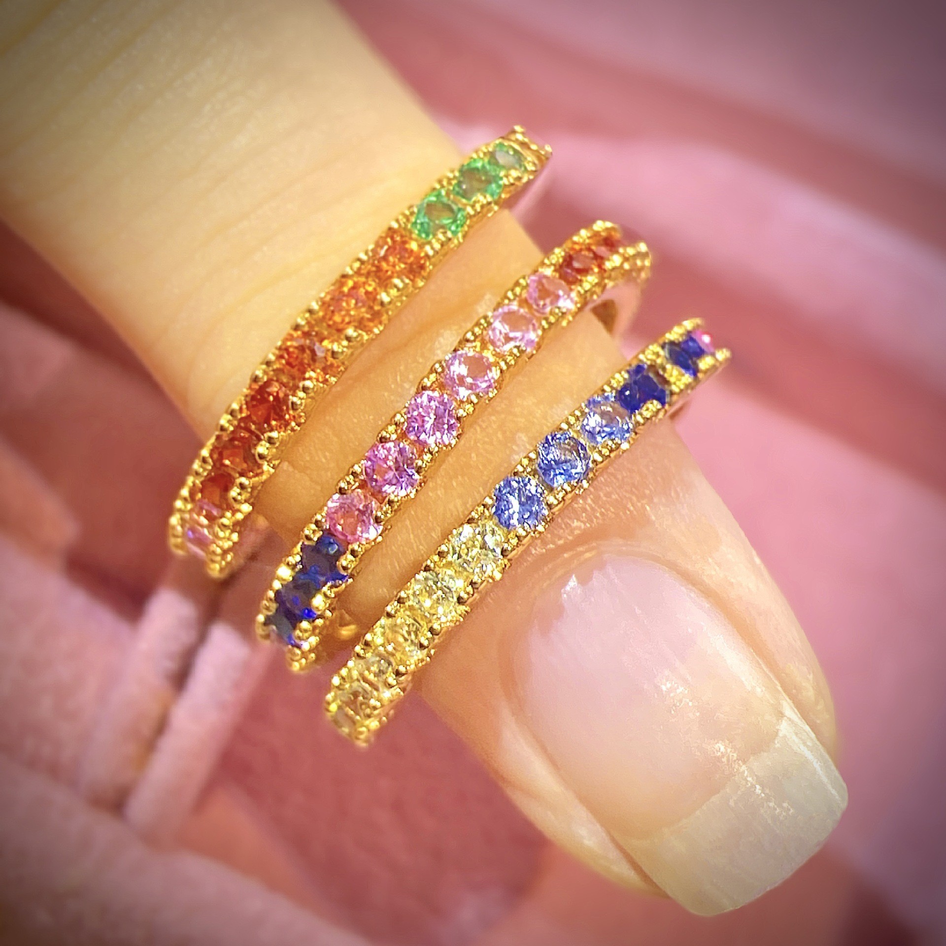 TaiYang New Candy Color Rainbow Ring, 18K Gold Plated Copper Eternity Band with Sapphire & Tsavorite Gemstones For Women