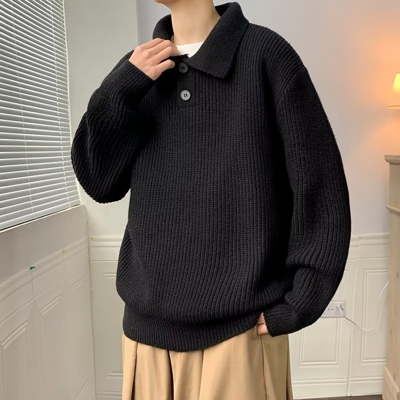 Lazy Style Polo Collar Sweater For Designer Sweater Men American Style Coffee Color High-end Oversize Knitted Innerwear