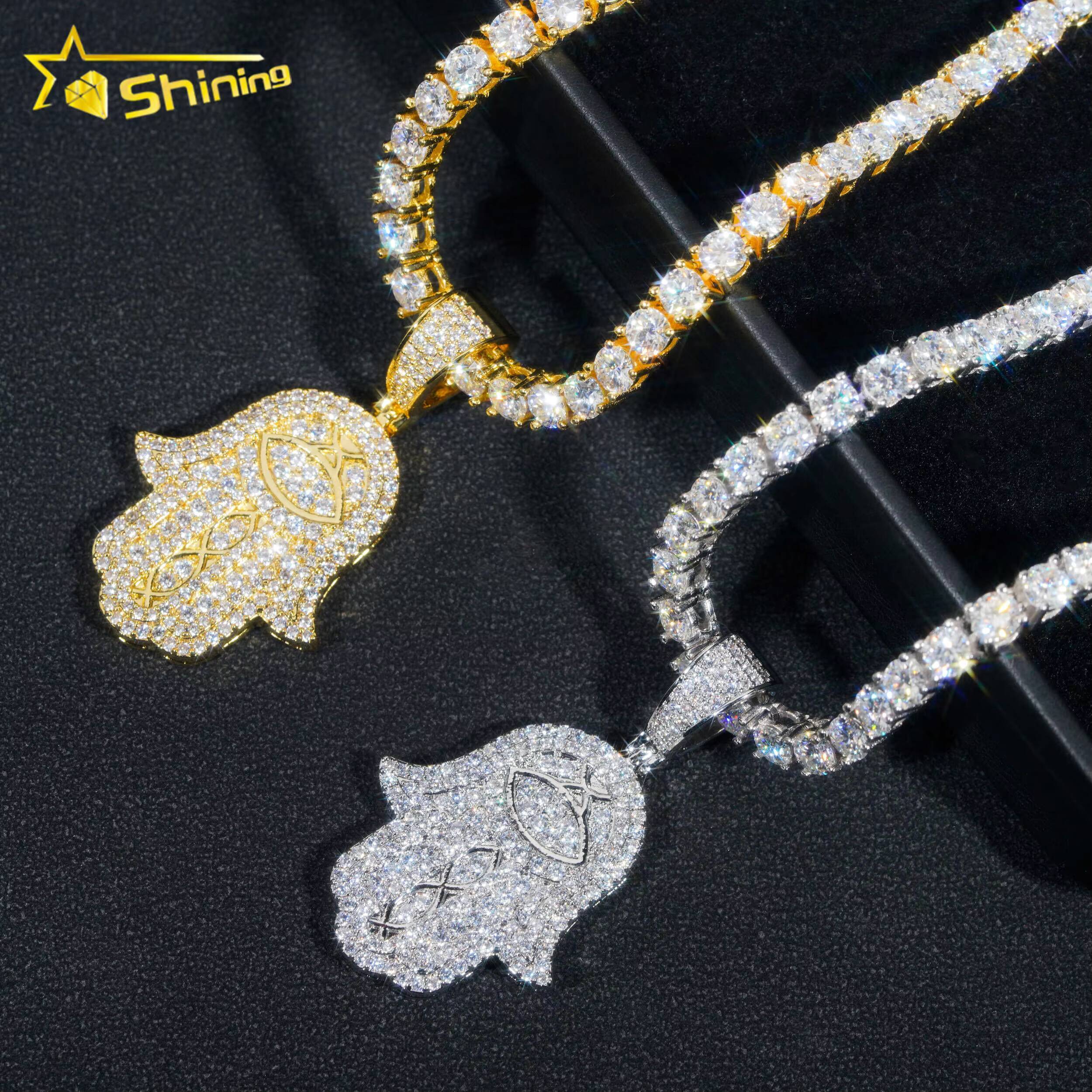 New Arrival Hip Hop Jewelry 18k Gold Plated Brass Pendants 5a Moissanite Diamond Hamsa Hand Charm Pendants with Tennis Chains