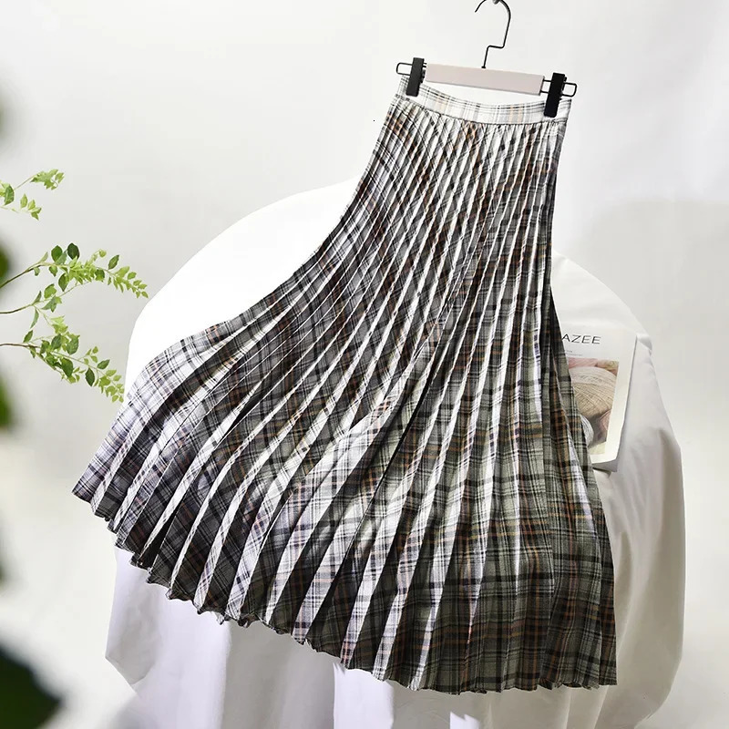 Looks Thin Pleated Skirt High Waist Aline Midlength Big Size Plaid Long Length 7590cm 251027