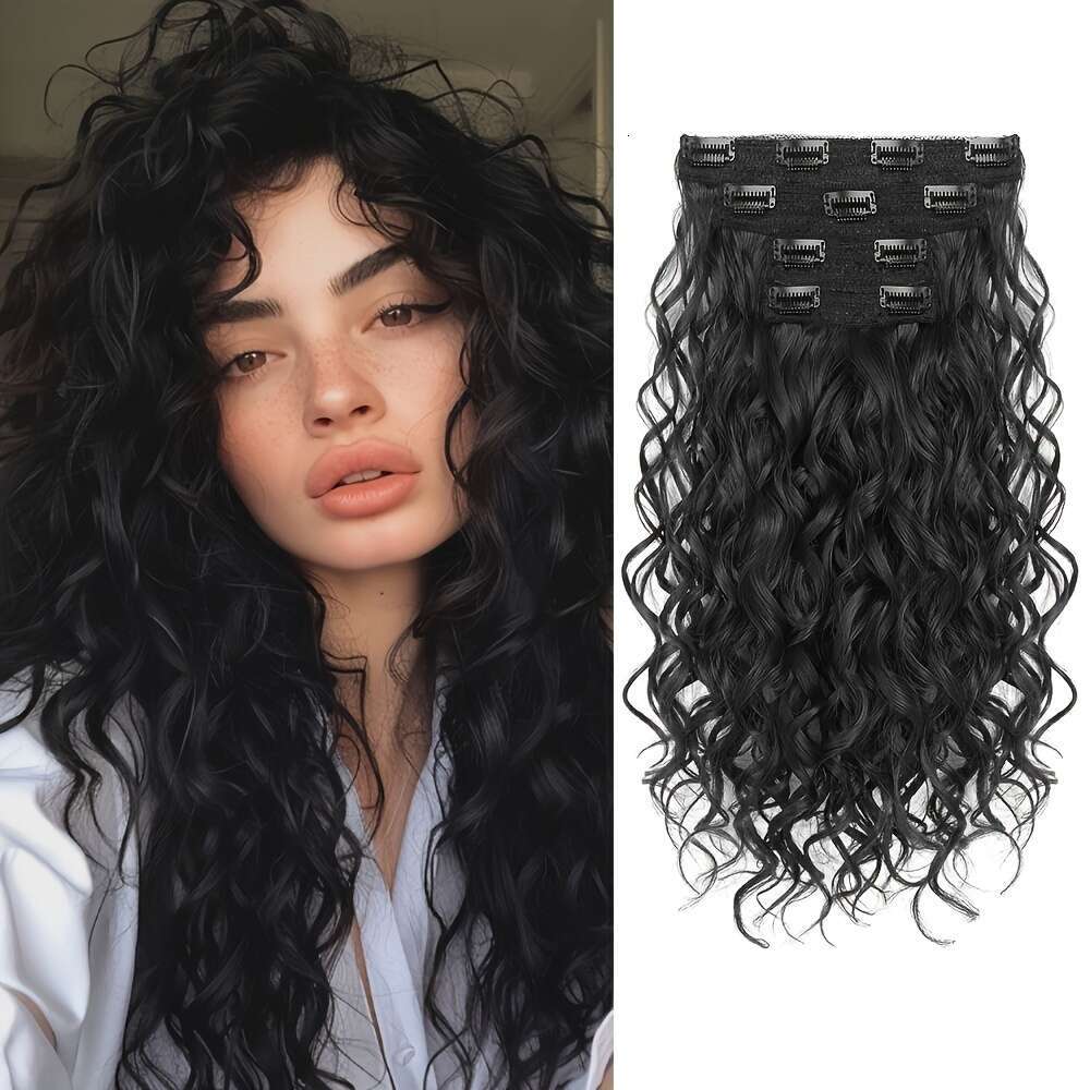 4Pcs Long Curly Waves 36Cm/14" Voluminous Black Wavy Texture Layered Ends, Natural Soft Extensions Women Heat Styling Friendly, Secure Clip-In Sy
