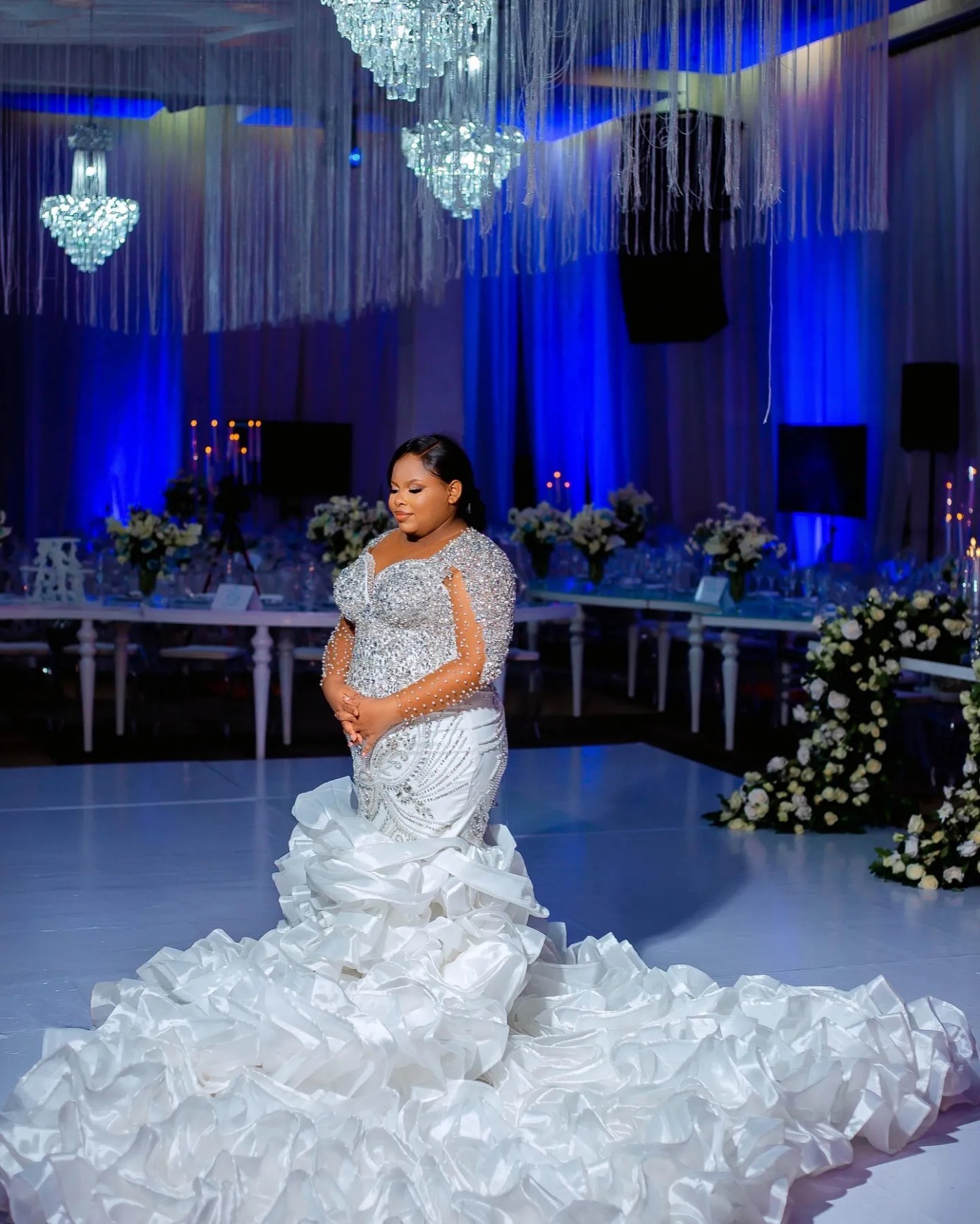 Arabic Aso Ebi Plus Size Mermaid Wedding Dress in Ivory with Luxurious Beaded Crystals and Full Sleeves