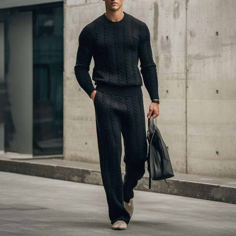 Men's Autumn and Winter New Round Neck Knitted Cable Knit Sleeve Sweater Long Pants Warm Set