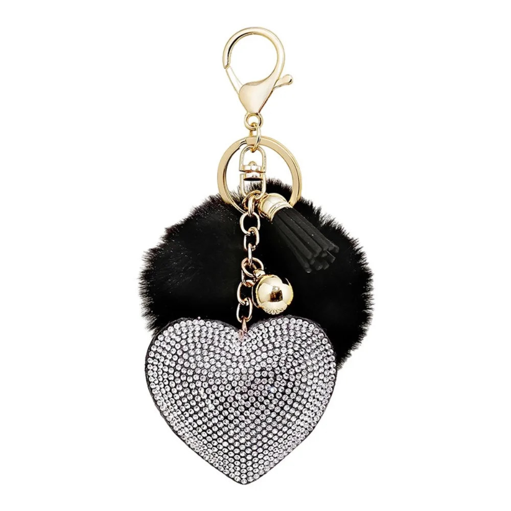 Rhinestone Heart Plush Ball Keychain Alloy Faux Fur Bag Pendant Solid Color Key Chain 251021