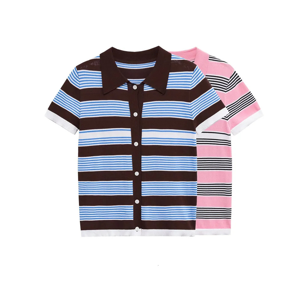womens summer casual versatile buckle closed striped short sleeved knitted polo shirt collar top 251027