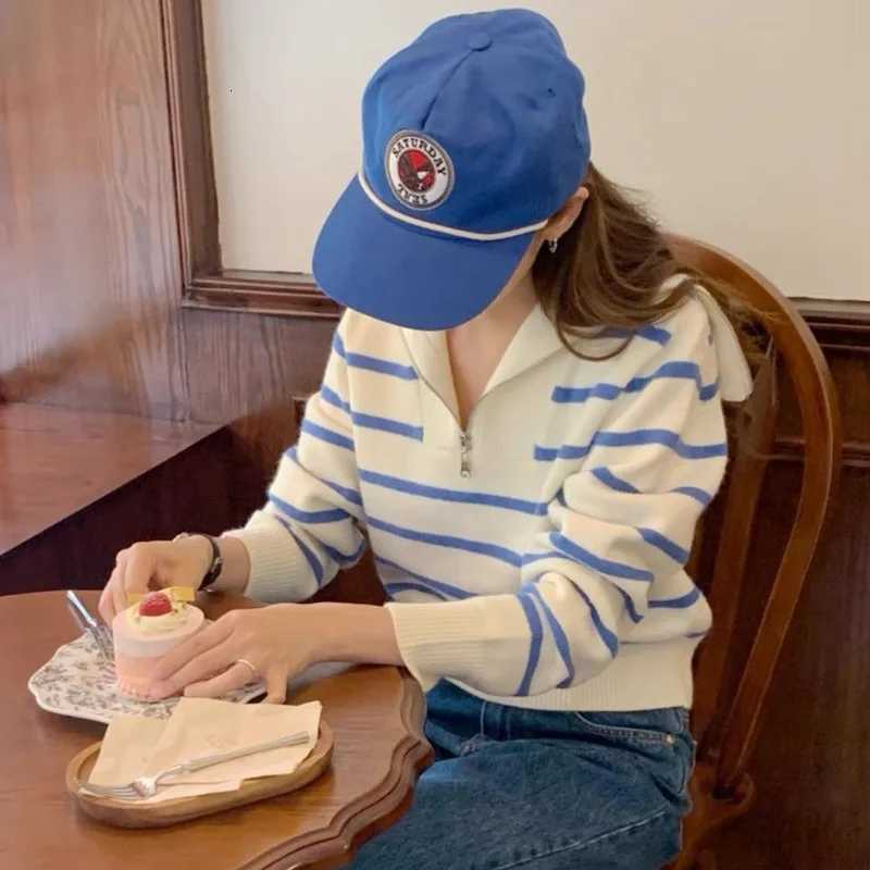 Fashion New Autumn and Winter Striped Zipper Turn Down Collar Womens Long Sleeve Sweater Elegant Casual Straight Knitwear TopT251027