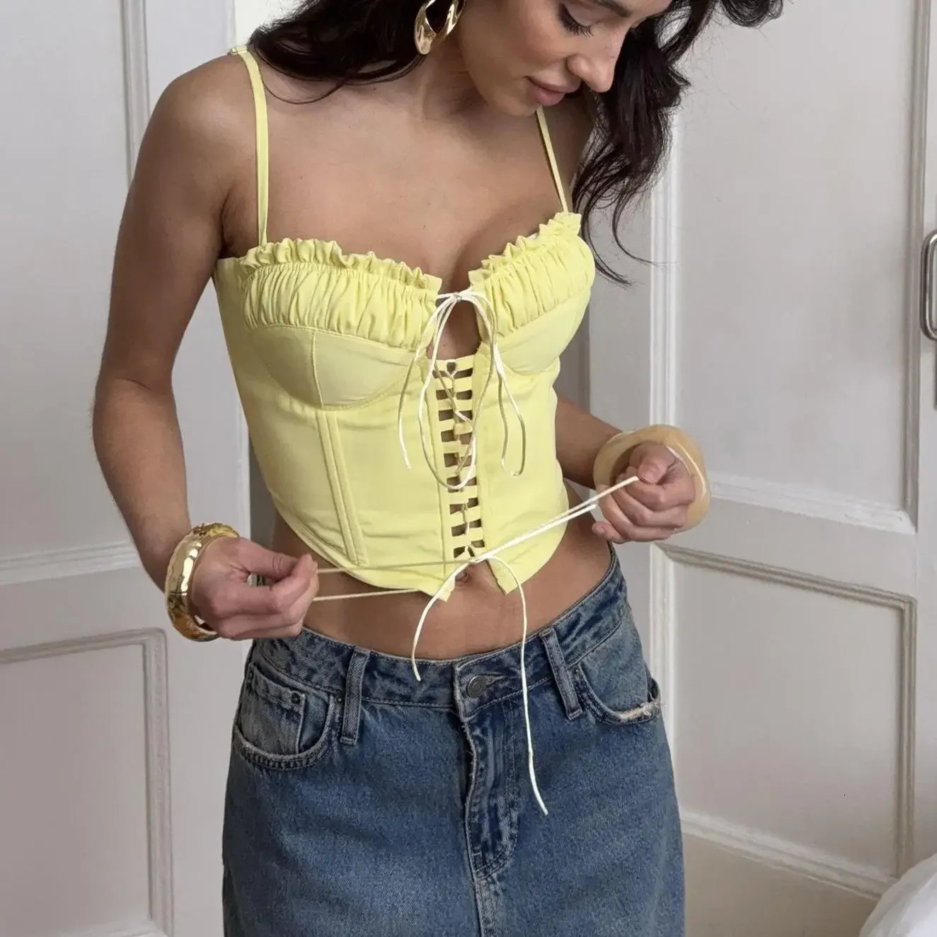 2025 Beach Bandage Women Vest Sling Hollow Out Ruffles Slash Neck Backless Sleeveless Female Top Summer Elegant Lady Blouse 251027