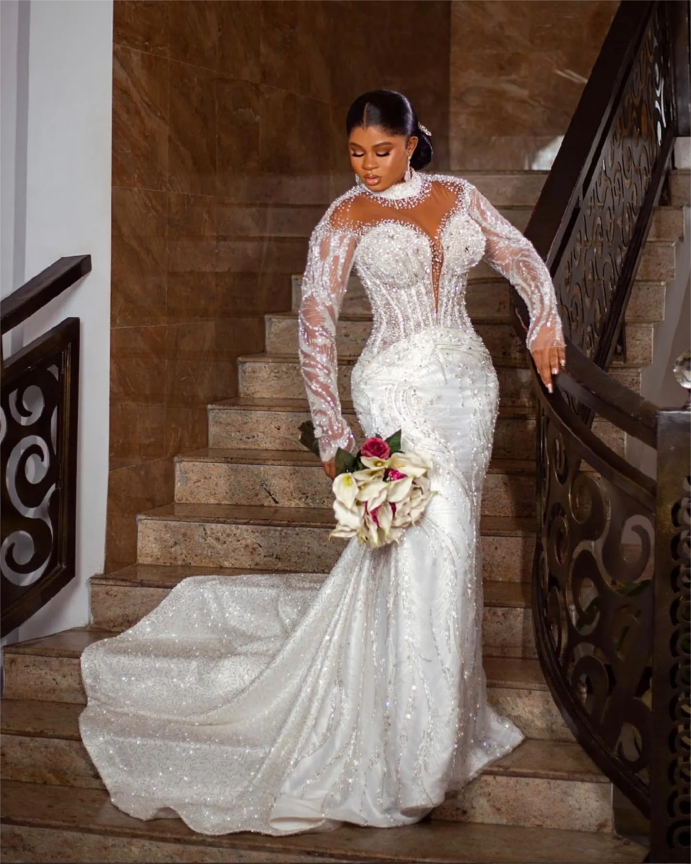 Arabic Aso Ebi Plus Size Ivory Mermaid Wedding Dresses with Beaded Crystals and Sequined Lace Bridal Gowns Dress