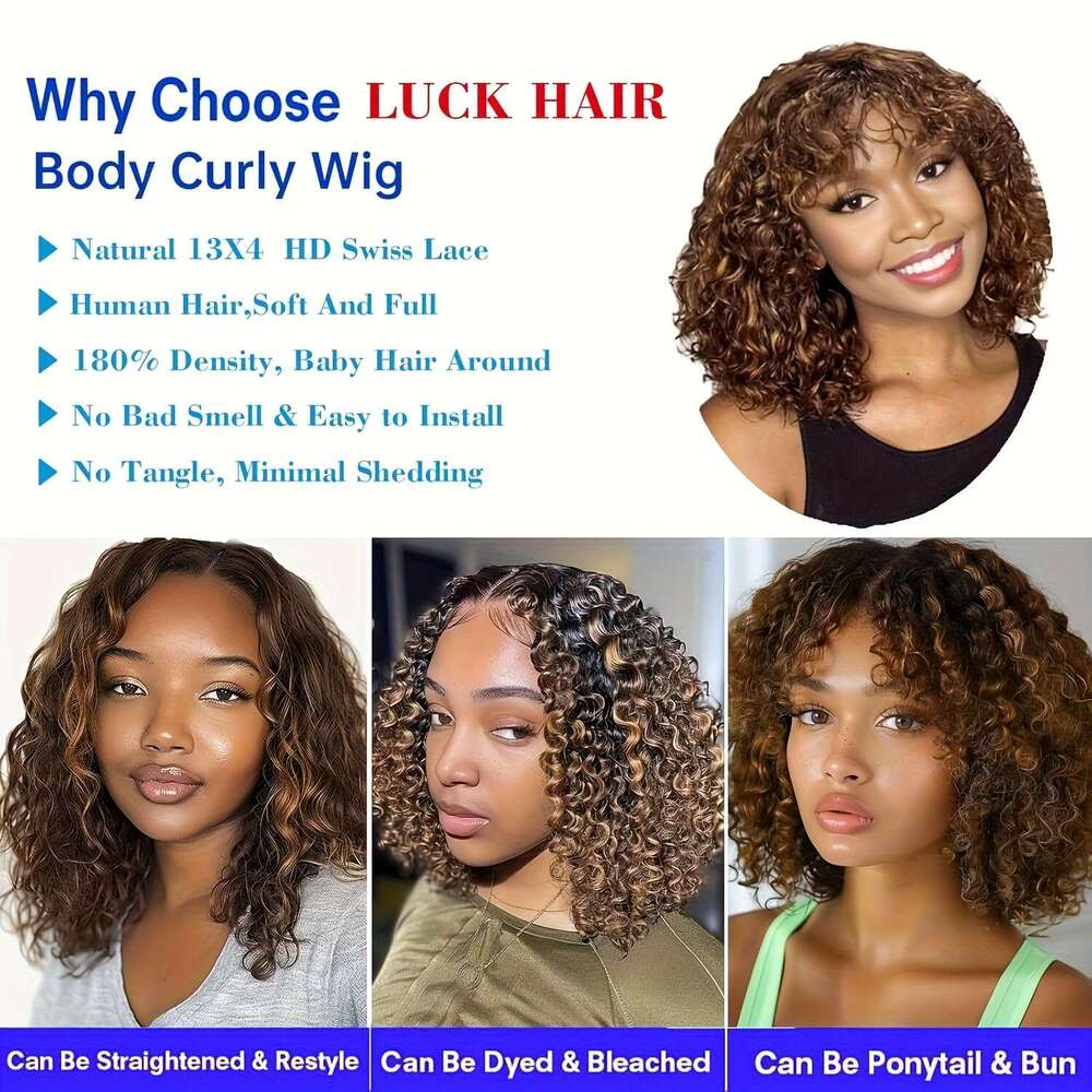 Brazilian Human Hair Short With 13X4 Front - Brown To Blonde Ombre Curly Wigs Women &, 200% Density Water Wave Bob Cut, Full Lace Frontal Wig For Sens