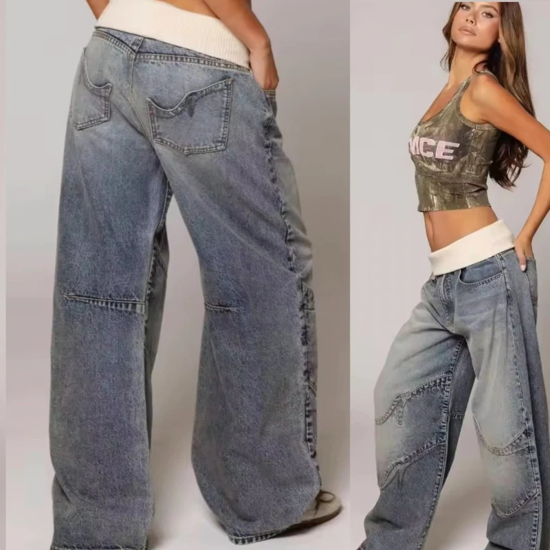 European and American fourseason fashion elastic jeans hiphop gothic splicing retro casual pants womens personalized version 251027