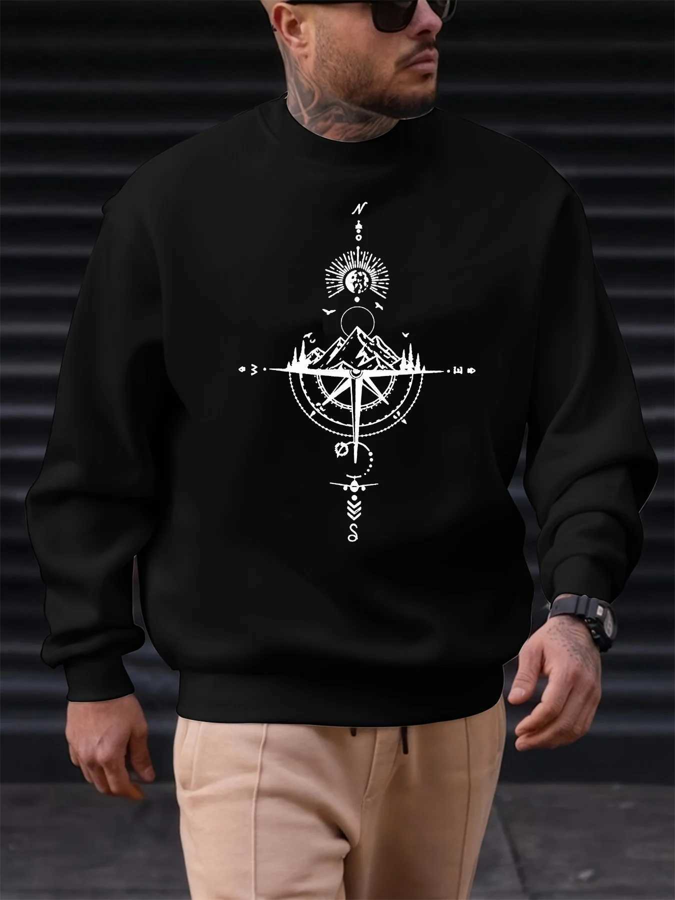 Mens autumn and winter fashionable casual loose compass and mountain graphic printed long sleeved round neck sweatshirt W251027