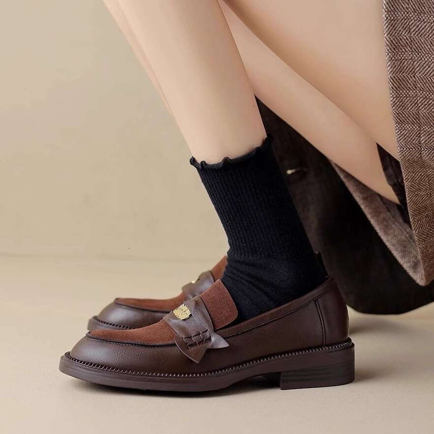 Genuine Brown Loafers Mid-Heel Single 2025 New European British Style Chunky Heel Versatile Small Leather Shoes