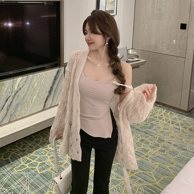 Designer's fashionable lightweight embossed mohair hollowed out women's jacket, lightweight and luxurious high-end thin knitted cardigan top