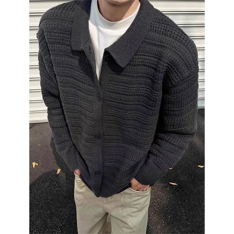Dark Gray Knitted Cardigan Jacket For Men Autumn And Winter Lazy Style Designer Sweater High-end Feel Cleanfit Turn-down Collar Sweater