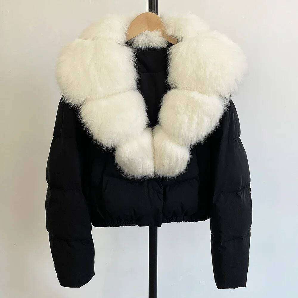 Coat Eco-Friendly Winter Short White Duck Down Warm Clothing Women Faux Collar Puffer Jacket Fashion Fake Fur