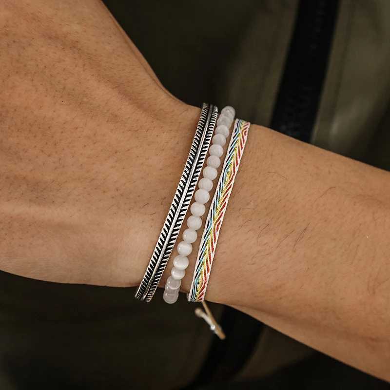 Handmade Vintage 925 Tibetan Silver CBracet White Moonlight Stone Beaded Cotton Rope Bracet Daily 3Pcs Set Unisex JewelryW251027