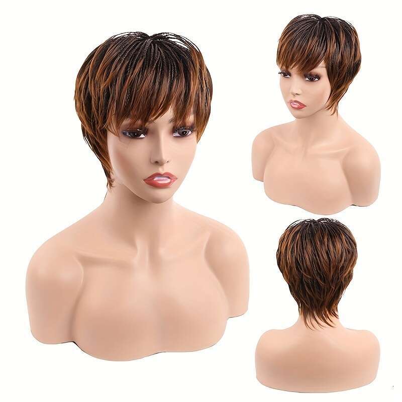 Natural-Looking Short Pixie Cut With Bangs - Synthetic Straight Women, Black & Brown Options, Rose Net Cap, High-Temperature Fiber, Perfect For Everyd