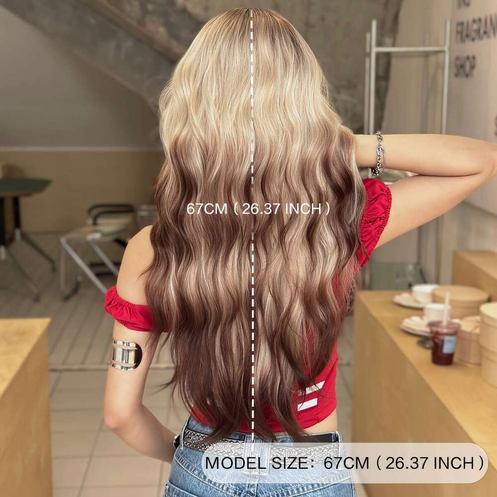 7Jhh WIGS Women's Long /Korean Style Water Wave Ombre Blonde/Brown Wig - Heat Resistant Synthetic Hair With Dark Roots, High Density Layered 26.3