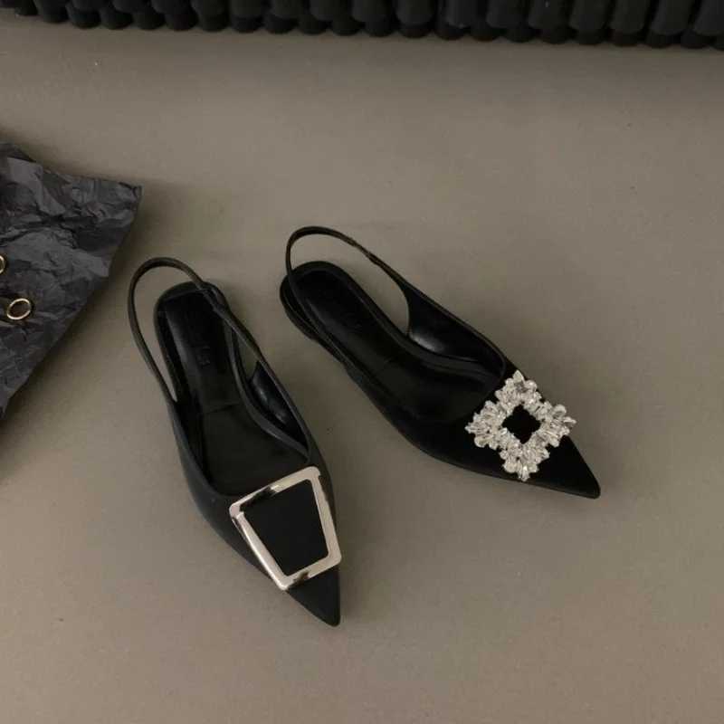 Black Women Leather Pu Casual Sandals Girl Fi Rhine Slip Flats Heels Ladies Pointed Toe Elegant Slingback SandalsXJ251027