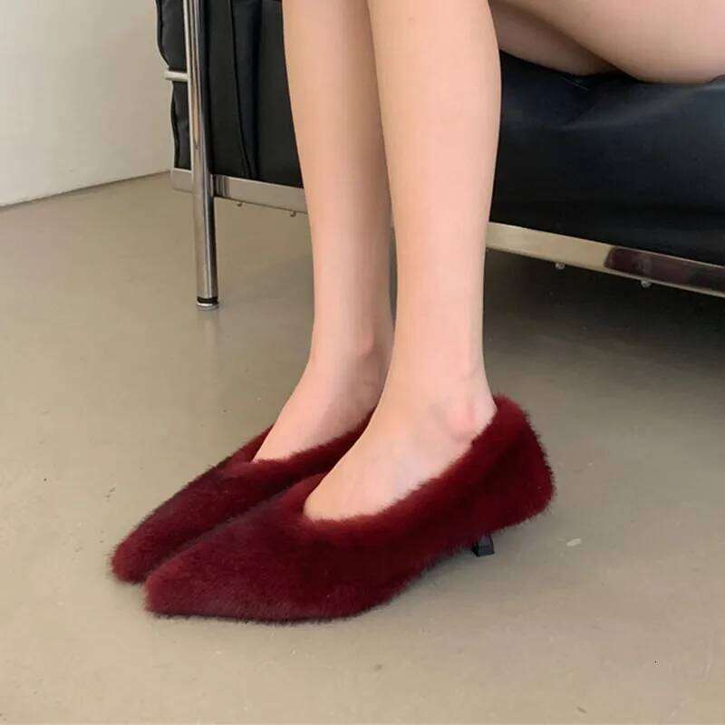 Bailamos Autumn Pointed Toe Women Sexy Shallow Slip On Fur Pumps Fashion Thin High Heel Ladies Elegant Dress Boat Shoes