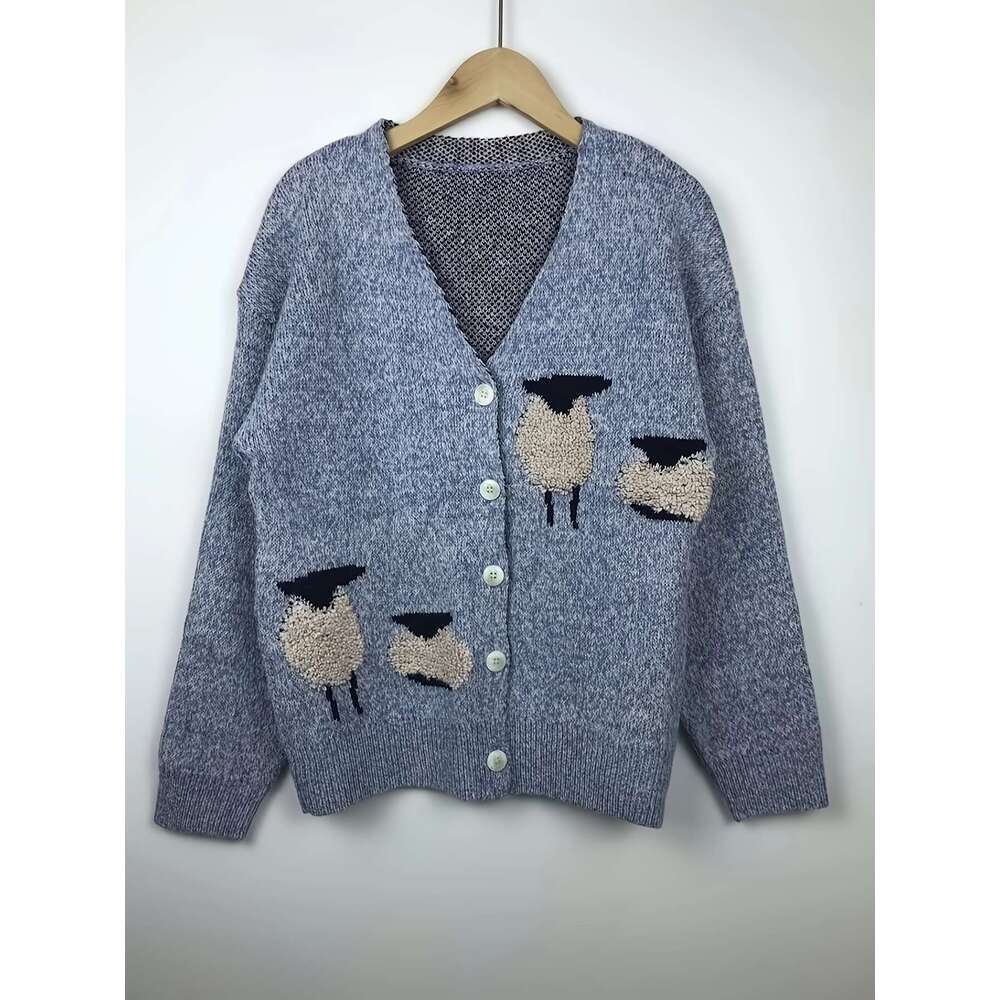 Cozy Cardigan Soft Women's V-Neck Cardigan | Cozy Sheep Print Mid-Stretch Long Sleeve Button Front Relaxed Fit Fall Winter Warm Pullover For Casu