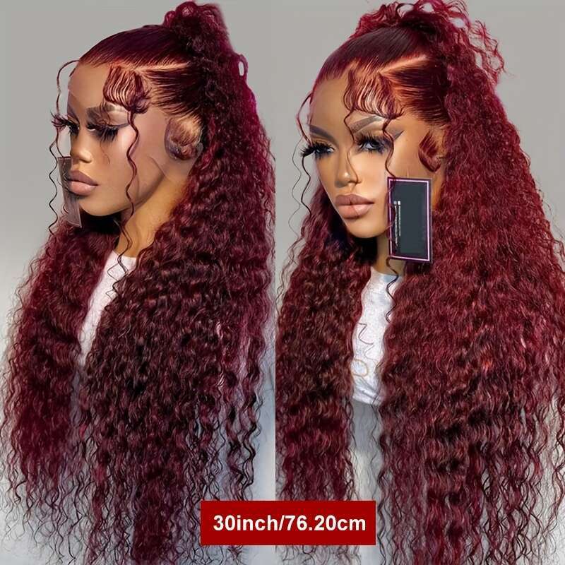 99J# Front 99J Hd Human Hair Wine Red Colored Wave Wig Women 99J Deep 13X4 Lace Frontal Wigs Work, Parties, Vacations, Daily Life For School Start