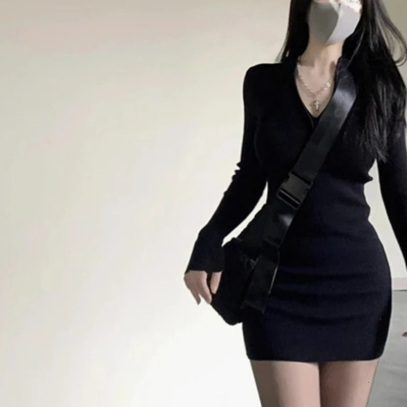 Minimalist Black Ribbed Knit Dress Half Zip Long Sleeve Bodycon Womens Daily Elegant Wear 251027