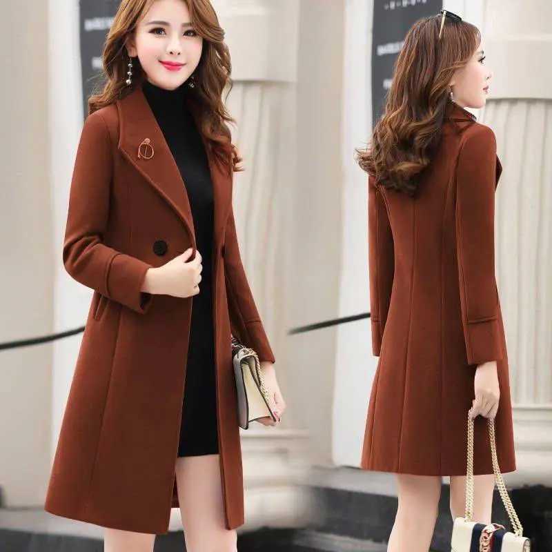 Fashion Winter Jacket Womens Double Breasted Wool Coat Solid Color Korean Slim Female Woolen Jacket MidLong Jacket M251027