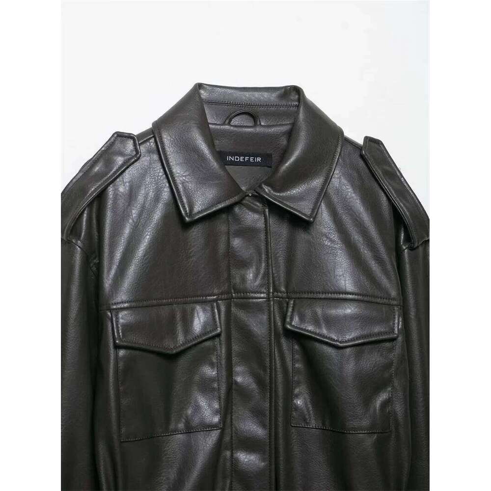 Women's New Fall 2025 Dark Green Long-Sleeved Faux Leather Jacket Pocket Decoration With Belt Casual Personality Mot