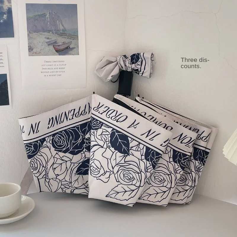 High Appearance Level Retro French Black and White with Girls Sunshade UV Triple Fold Automatic Clear Umbrella C251027