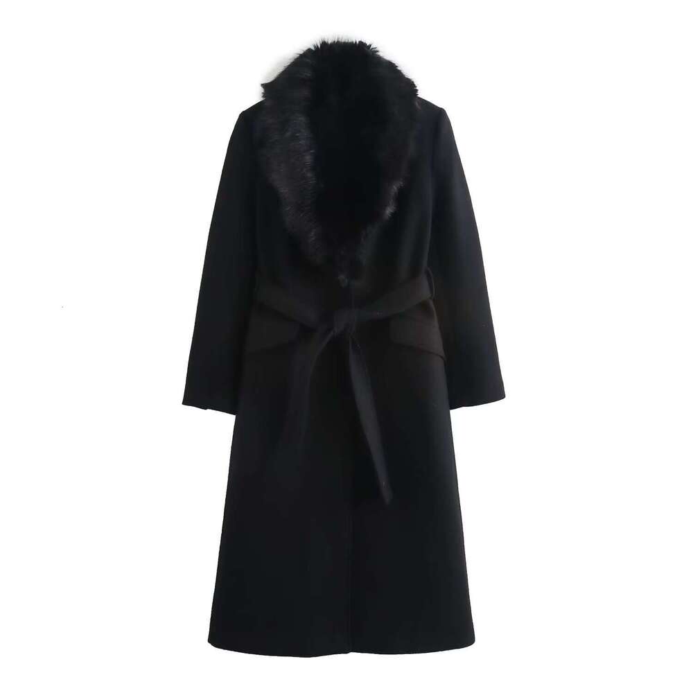 autumn and winter new women's clothing elegant temperament with belt decoration artificial fur collar long-sleeved coat